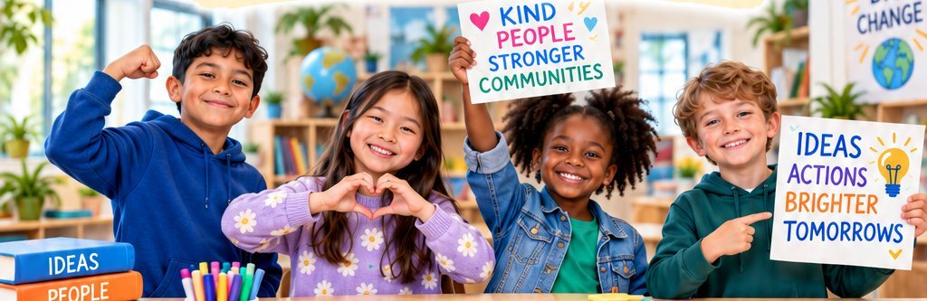 Four smiling students holding up signs about kindness, community, and brighter tomorrows